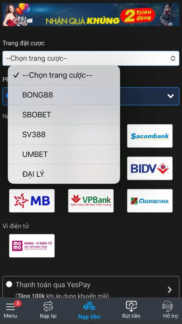 Chọn trang cược - Nạp tiền Bong90